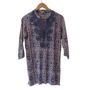 Roberta Roller Rabbit Blue Tunic Top Small Embroidered 3/4 Sleeves Cotton Beach